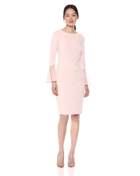 Calvin Klein Solid Sheath With Chiffon Bell Sleeves Dress In Pink Lyst