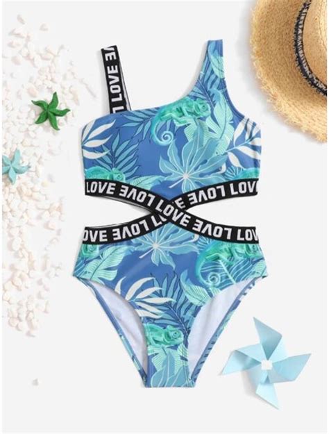 Buy Shein Girls Tropical Print Contrast Letter Tape Cut Out One Piece