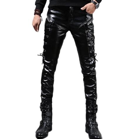 Men S Rock Steampunk Lace Up PU Leather Pants Slim Fit Black