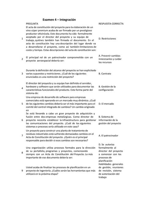 Examen 4 integración asd Examen 4 Integración PREGUNTA RESPUESTA