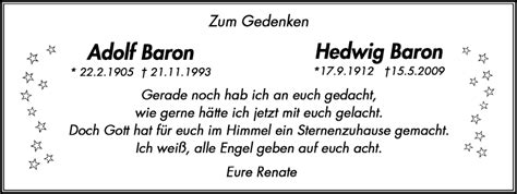 Traueranzeigen Von Adolf Und Hedwig Baron Trauer In NRW De