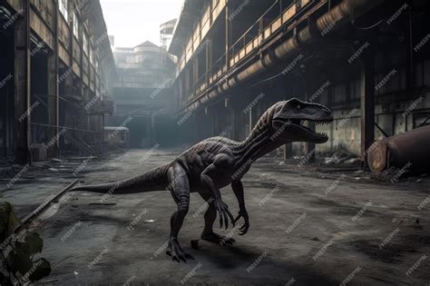 Premium Ai Image Dinosaur Velociraptor Hunting In Deserted Industrial