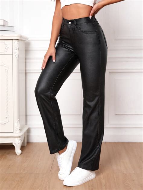 SHEIN Tall High Waist Straight Leg Leather Look Jeans For Sale