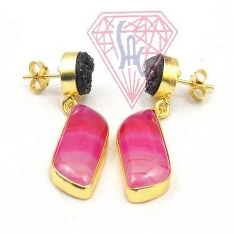 Pink Agate And Black Druzy Gemstone Stud Earring With Gold Plated