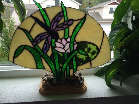 Stained Glass Dragonfly On Lotus Blossom Fan Lamp Nightlight Etsy