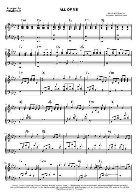 All Of Me Arr Pianoholic By John Legend Sheet Music For Piano Solo