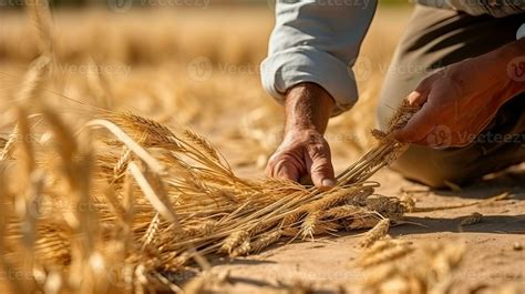 Farmers harvest their wheat crops in season. sunset scene. Generative ...