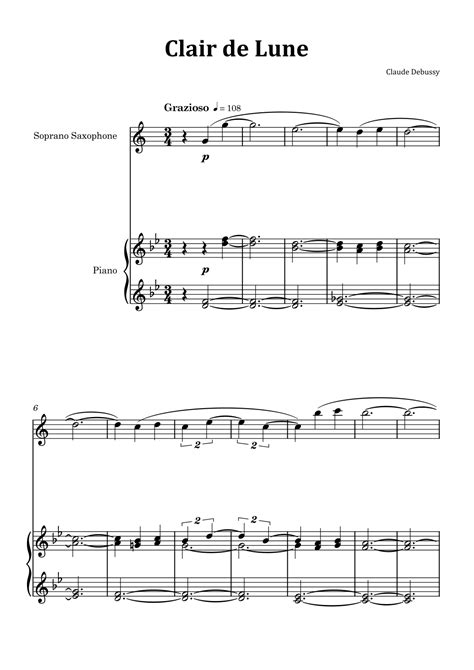 Clair De Lune By Debussy Soprano Saxophone And Piano Arr Glauco