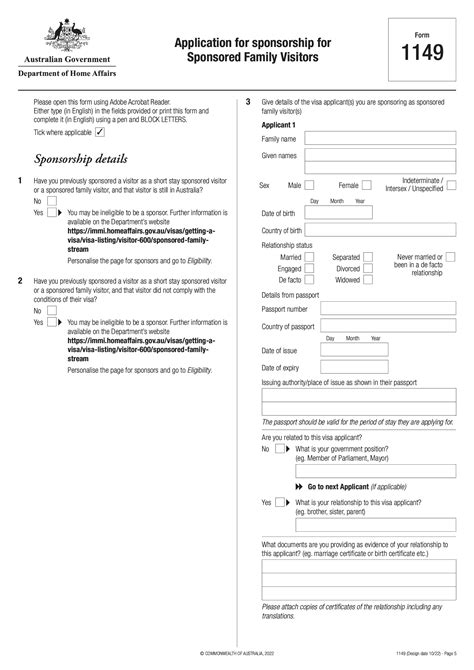 Form 1149. Application for sponsorship for Sponsored Family Visitors