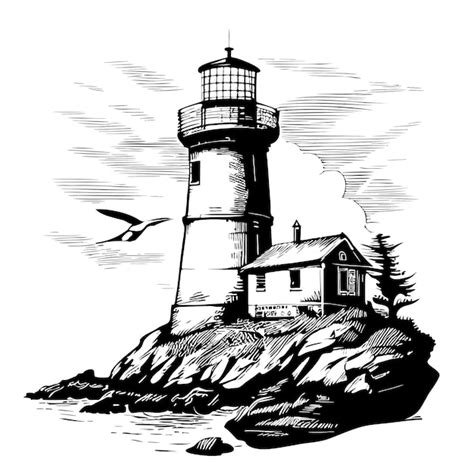 Premium Vector Lighthouse On The Sea Cost Sketch Hand Drawn Illustration