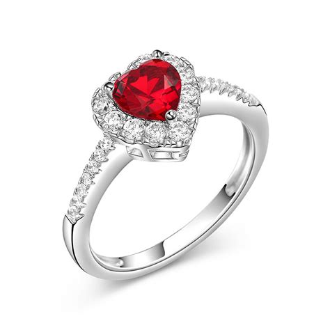 Jeulia Halo Anello Taglio Cuore Con Pietra Rossa In Argento Sterling