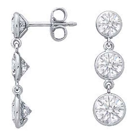 Diamond Earrings Three Stone Graduated Drop Round Diamond Bezel Set