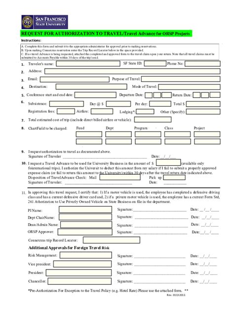 Fillable Online Fiscaff Sfsu Request For Authorization To Travel Travel