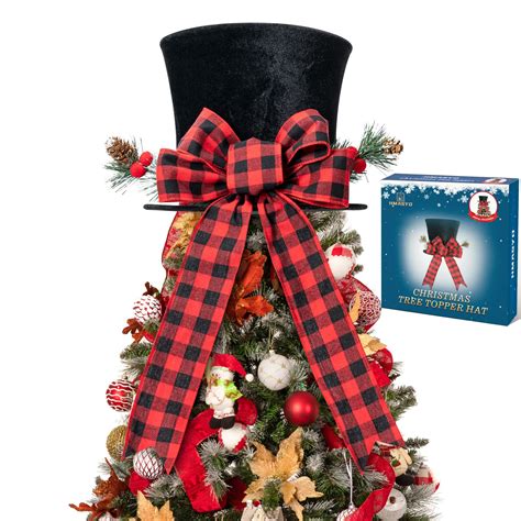 Hmasyo Christmas Tree Topper Upgrade Large Black Tree Topper Hat With Red Buffalo Plaid Bow