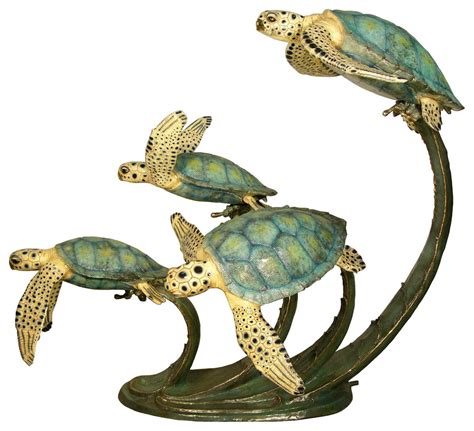 Four Swimming Sea Turtles Bronze Sculpture Special Patina Finish