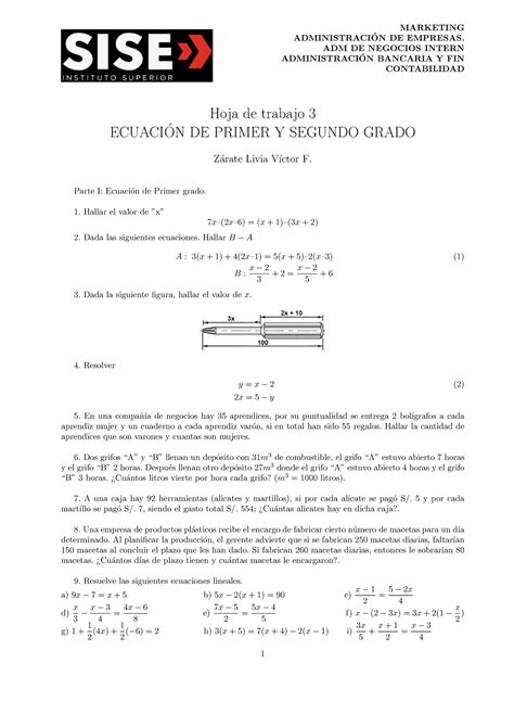 HT3 SISE MAT Comercial Ecuaci N DE Primer Grado Y Ecuaci N DE Segundo