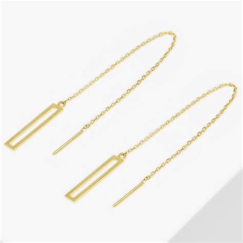 14k Solid Gold Rectangle Long Threader Earring Double Hole Earring