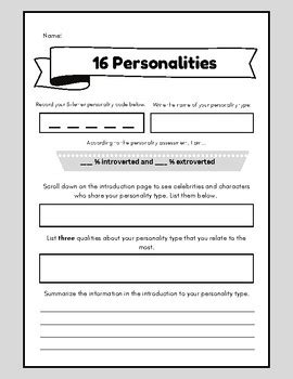 16 Personalities Worksheet By Amanda Ford TPT