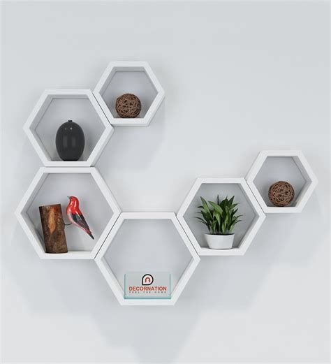 Buy Set Of 6 Engineered Wood Hexagon Shape Wall Shelf In White Colour