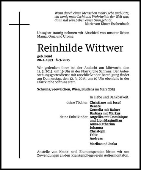 Todesanzeigen Von Reinhilde Wittwer Todesanzeigen Vorarlberger