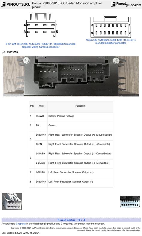 Pontiac 2006 2010 G6 Sedan Monsoon Amplifier Pinout Signals