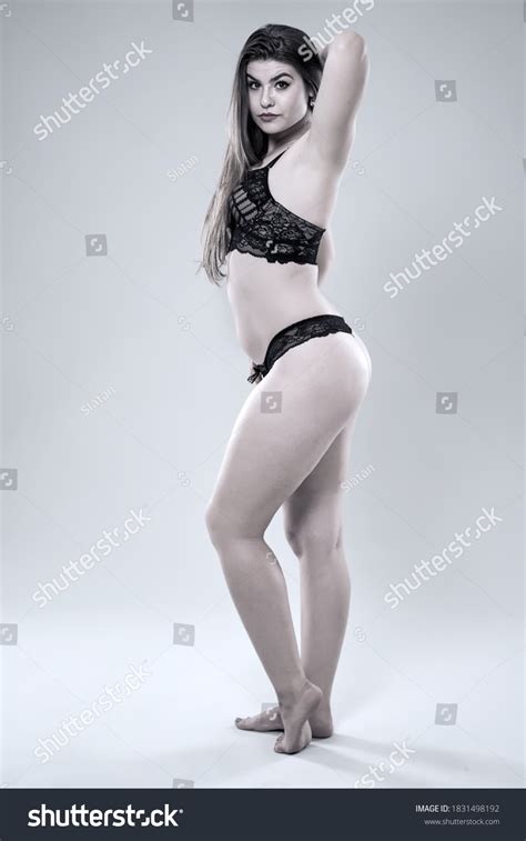 Plus Size Glamour Model Black Lingerie Stock Photo