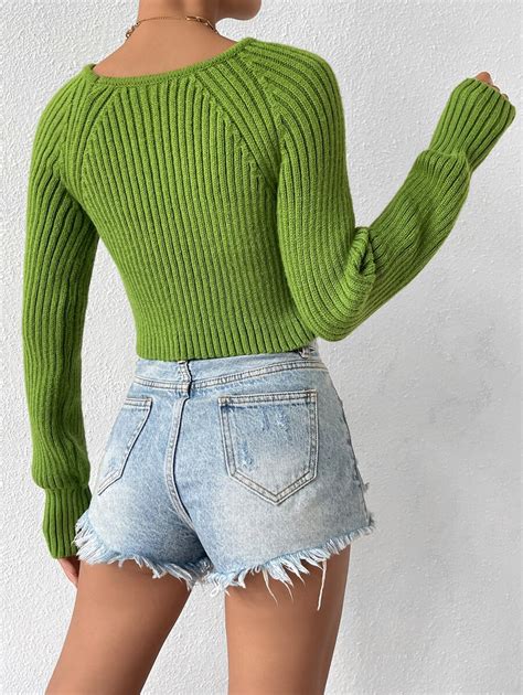 Shein Essnce Raglan Sleeve Ribbed Knit Crop Sweater Shein Usa