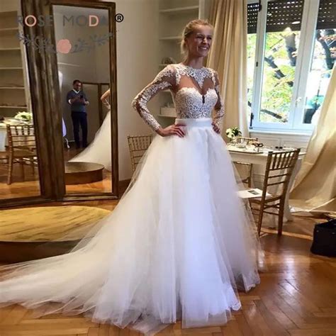 Sheer O Neck Long Lace Sleeves Sheath Wedding Dress With Removable Tulle Skirt Cut Out Back Gold