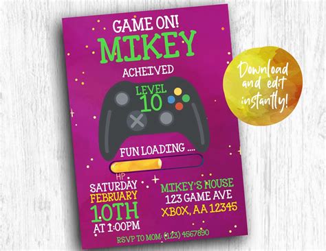 Video Game Invitation Xbox Gamer Video Game Birthday Party Invitation