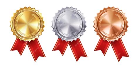 Premium Vector Shiny Gold Silver And Bronze Award Medals With Red Ribbon Rosettes Vector