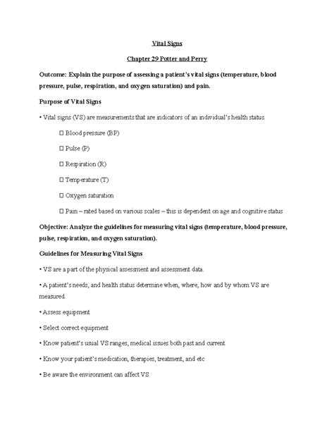 Vital Signs Lecture - Vital Signs Chapter 29 Potter and Perry Outcome