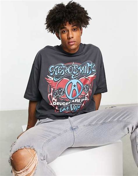 Asos Design Oversized T Shirt With Aerosmith Print In Charcoal Asos