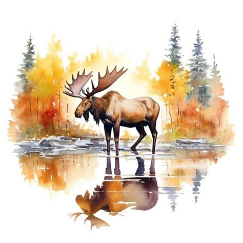 Premium Photo Painting Of A Moose Standing In A Lake With Trees In