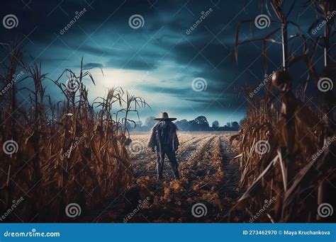 Scarecrow in Autumn Corn Field at Night Stock Illustration ...