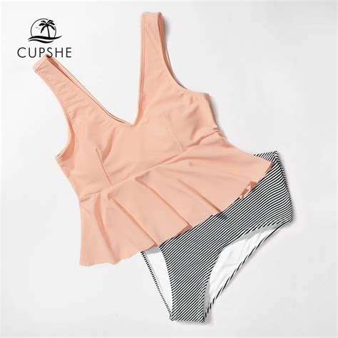 Cupshe Pink Peplum And Striped Bikini Sets Women Ruffle High Waist Two