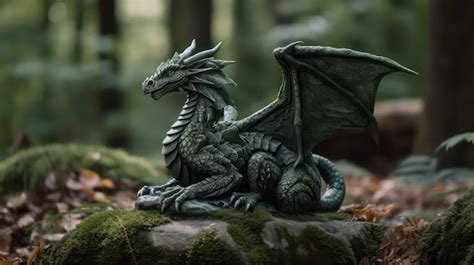 Premium Photo Forest Dark Dragon With Wings Sitting On Stone In Green