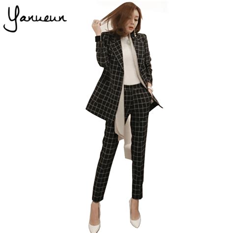 Yanueun Korean Fashion 2017 New Business Pant Suits Set Blazers Formal Women Ol Elegant Plaid 2