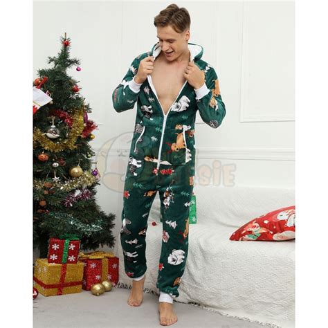 Mens Christmas Onesie Flannel One Piece Pajamas Christmas Green ...