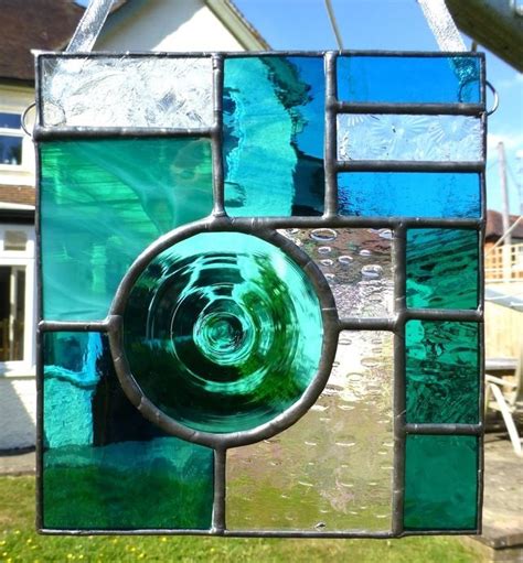 Stained Glass Aquamarine Panel With Hand Made Glass Roundel £37 50 Modern Stained Glass Panels