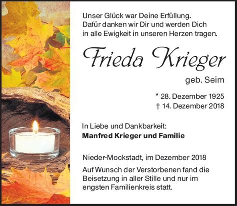 Traueranzeigen Von Frieda Krieger Vrm Trauer De