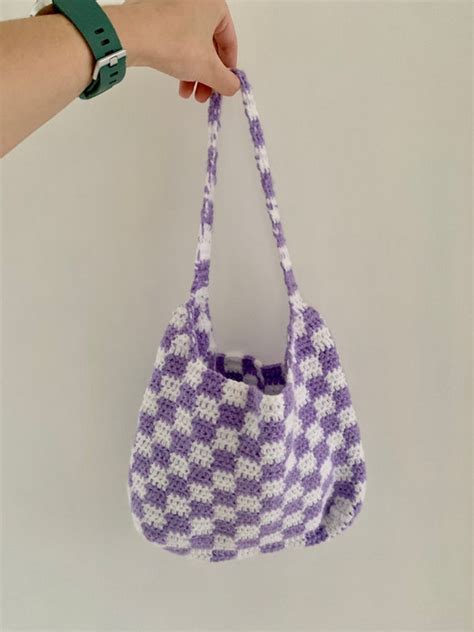 Purple And White Checkered Crochet Bag Etsy Uk