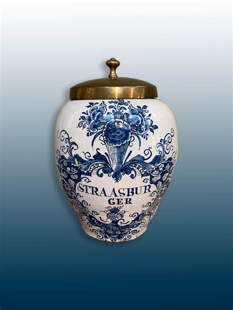 Dutch Delftware Tobacco Jar With Brass Lid 18th Century Straatsburg