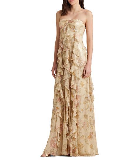 Lauren Ralph Lauren Floral Metallic Chiffon Sweetheart Neck Strapless