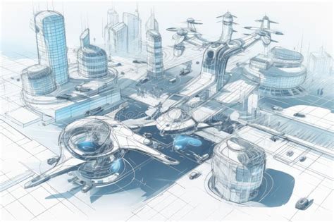 Architectural Blueprint Of Futuristic City With Flying Cars And