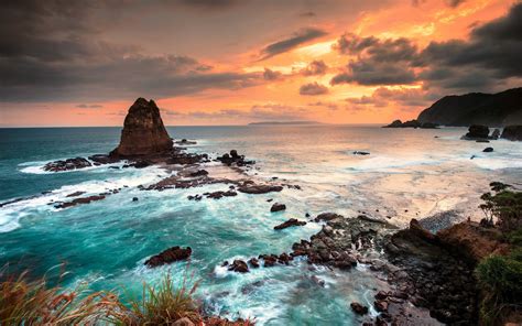 Wallpaper Matahari Terbenam Laut Batu Pantai Matahari Terbit