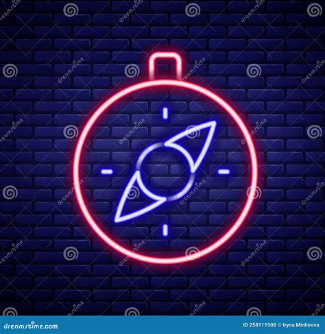 Glowing Neon Line Compass Icon Isolated On Brick Wall Background