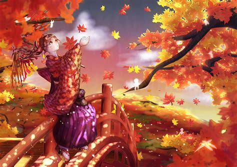 4k Free Download Girl Kimono Maple Leaves Autumn Anime Hd