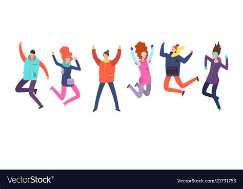 Cartoon people in winter clothes jumping happy Vector Image