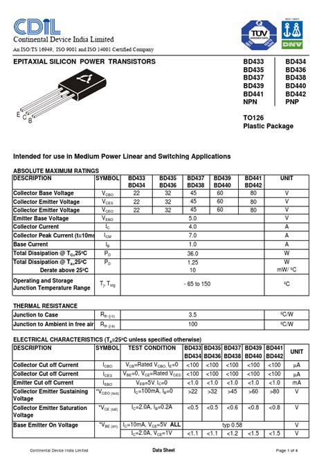 Bd437 Datasheet Epitaxial Silicon Power Transistors