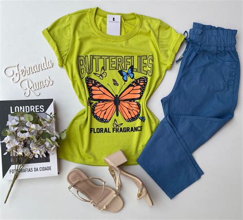 T Shirt Feminina Manga Curta Butterflies Verde Lima Fernanda Ramos Store